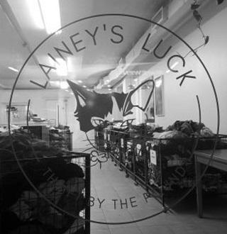 the Lainey's luck logo is visible on the glass of the store, a row of bins line the wall of the store behind it