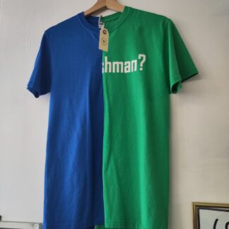 a re-worked tshirt on a wooden hanger, half is green and the other half blue