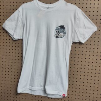 front of white tshirt with micket hanging loose logo on top right corner