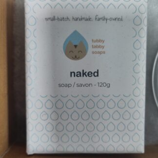 package of NAKED soap from Tubby Tabby soaps with their cat logo, 120g package